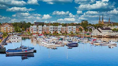View of a harbor with many boats docked. A town is in the background.